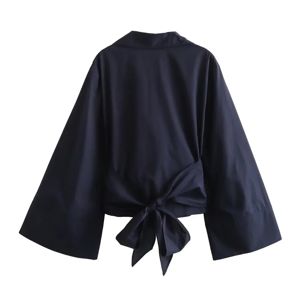 Women's Cropped Wrap Shirt with Waist Tie