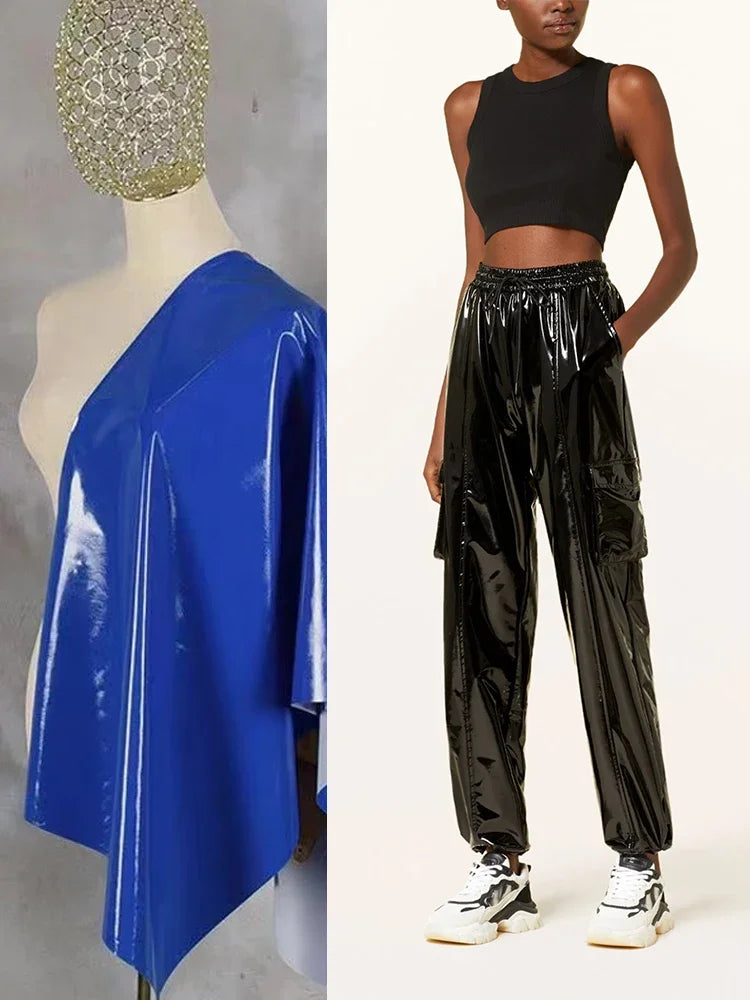 Women's Shiny Faux Leather Cargo Joggers with Drawstring Waist and Cuffs