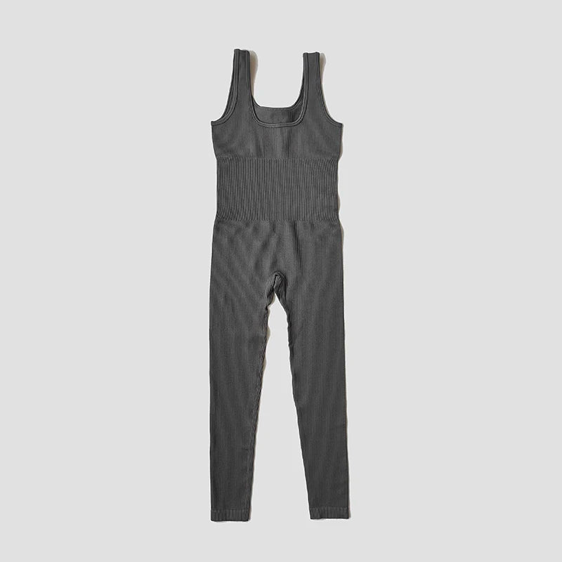 Women's Wide Strap Ribbed Nylon Blend Workout Jumpsuit with Long Legs