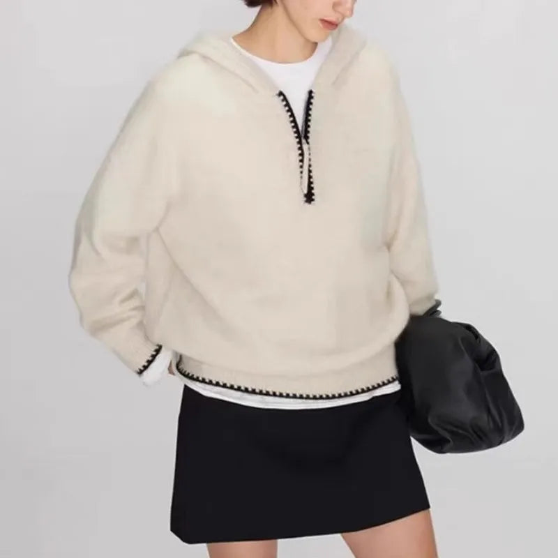High-end half-zipper hooded 100% cashmere knitted sweater women loose and thick sweater base hoodie top
