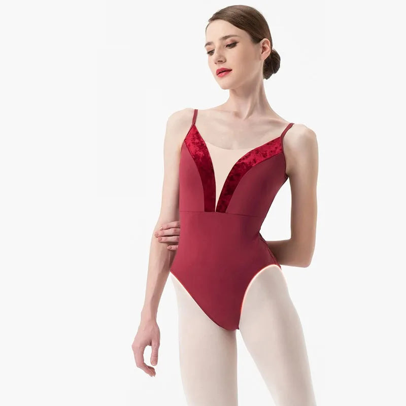 Women's Adjustable Strap Ballet Leotard with Velvet Panels and Deep Neckline