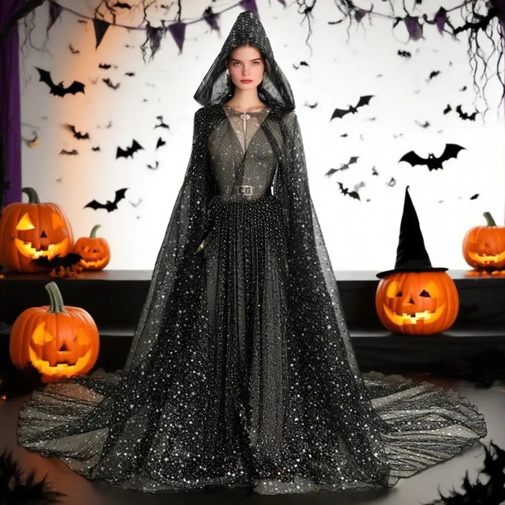 Sheer Hooded Long Train Cape for Layering over Outfits