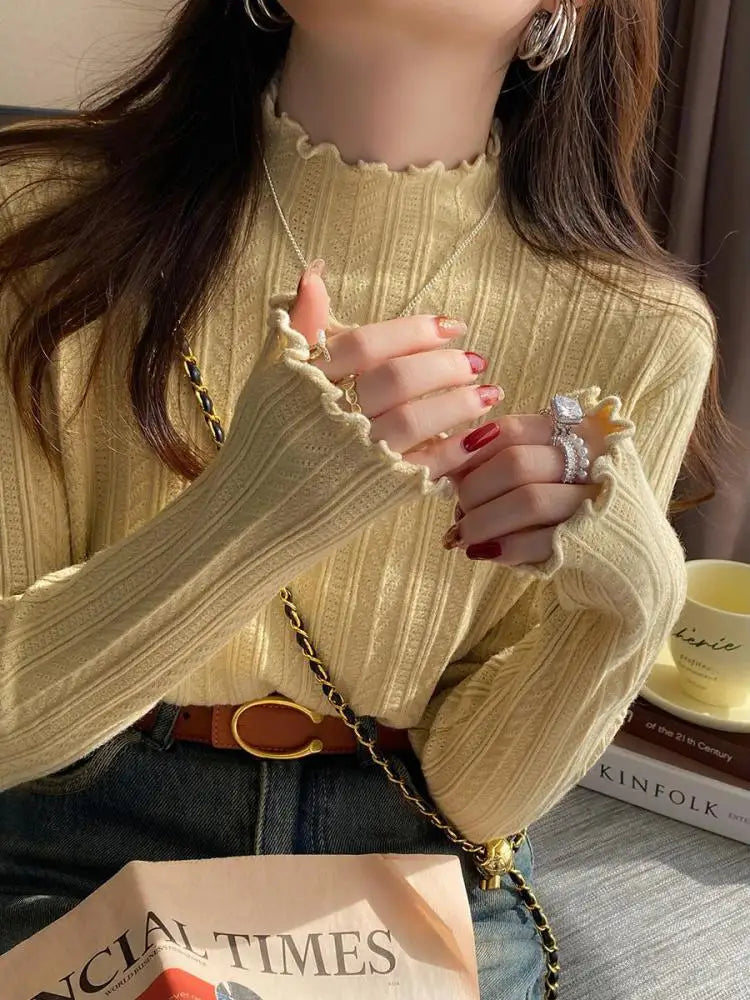 Women's Lettuce Trim Mock Neck Ribbed Sweater Casual Knit Layer