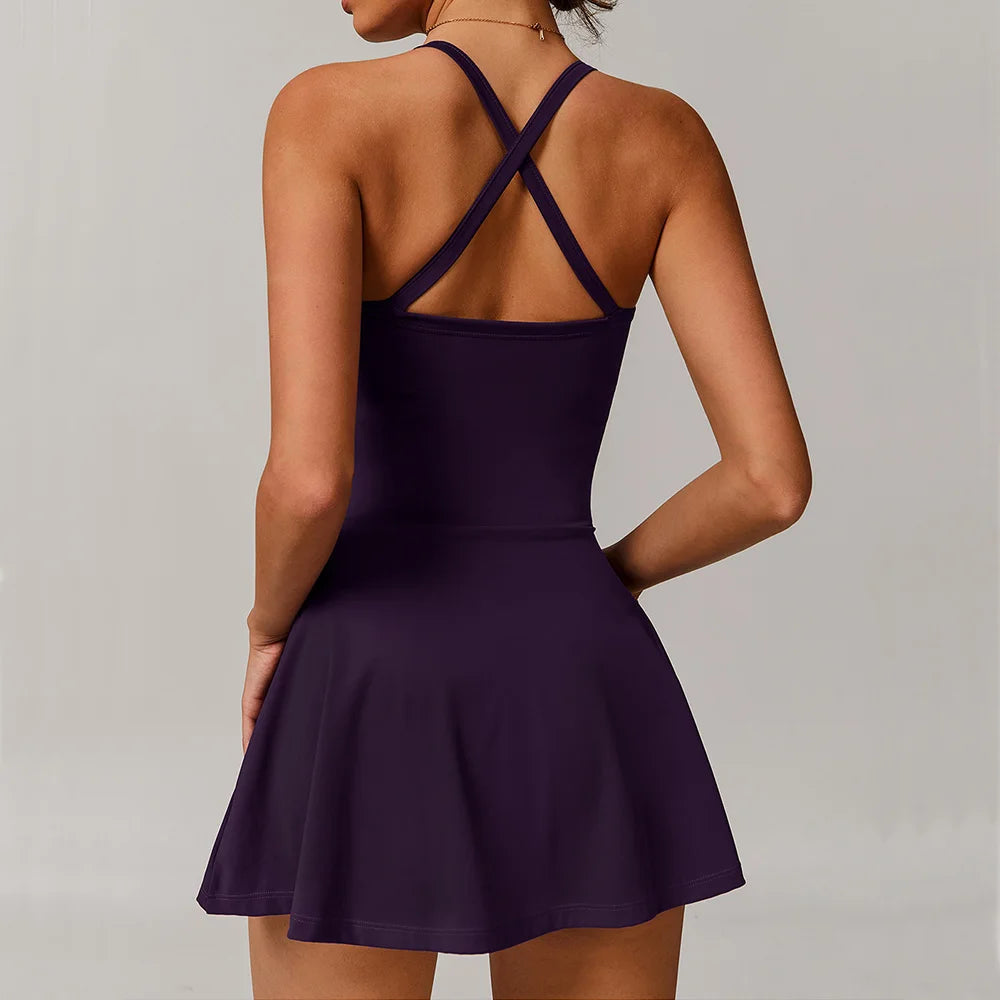 Women's Cross Back Nylon Blend Athletic Dress with Wrap Skirt Overlay