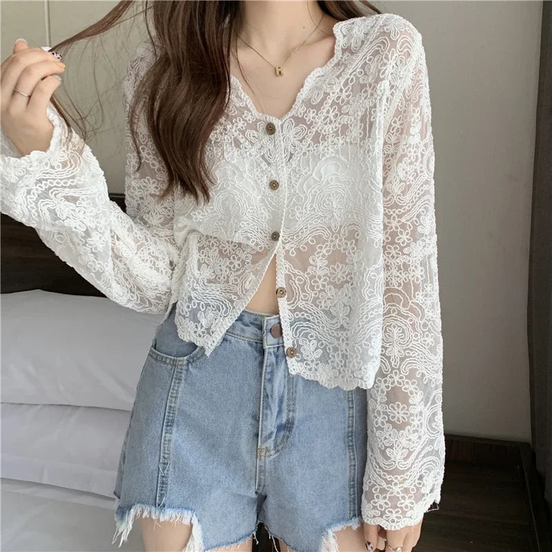 Women's Lace V Neck Long Sleeve Button Front Blouse