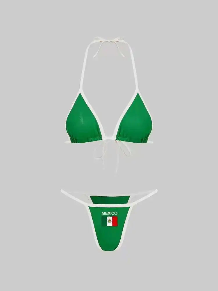 Women's Flag Print Triangle Bikini Top and Tie Side Thong Set