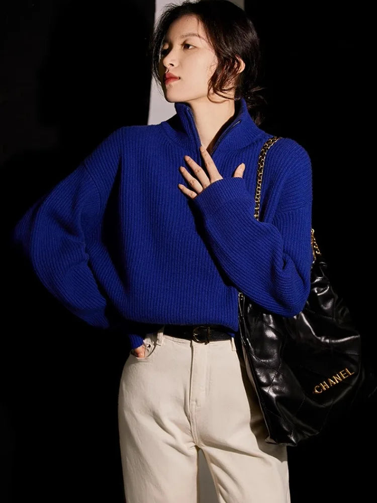 100% pure cashmere sweater women's half zip stand collar thick loose lapel pullover sweater