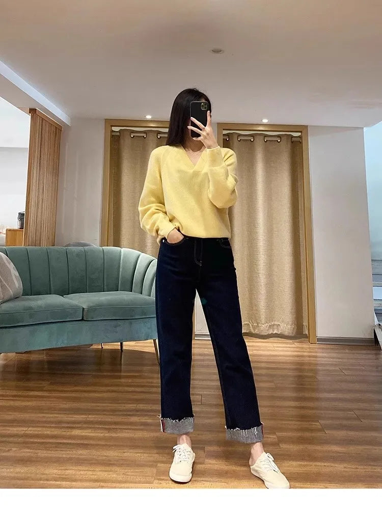 V-neck pure cashmere sweater women autumn and winter loose and versatile knitted sweater short wool base layer