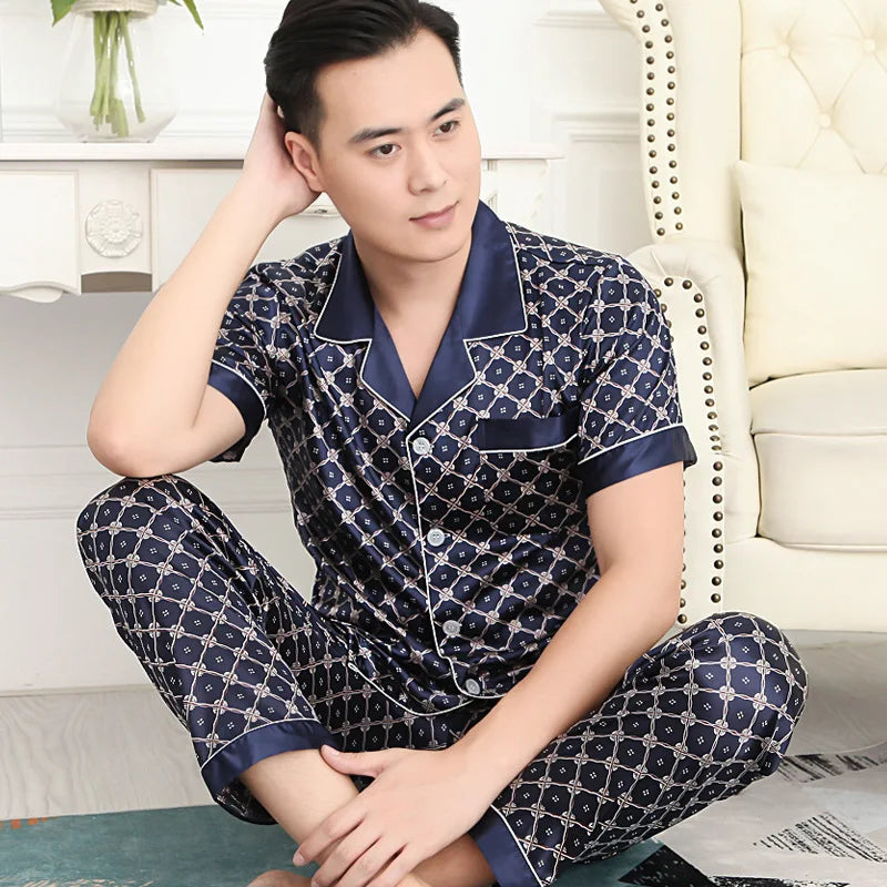 Men's Printed Lapel Button Front Shirt and Pants Pajama Set