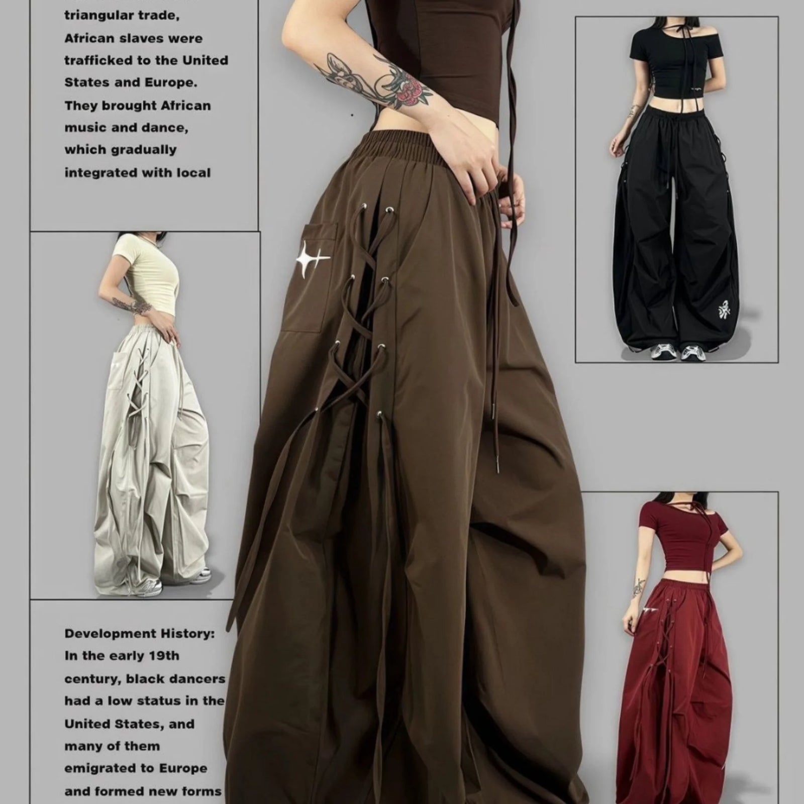 Women's Wide Leg Cargo Pants with Hanging Side Strap Details