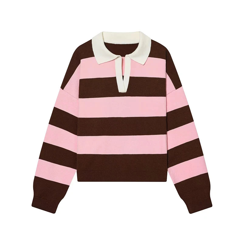 Women's Striped Polo Collar Loose Fit Sweater Casual Knit Layer