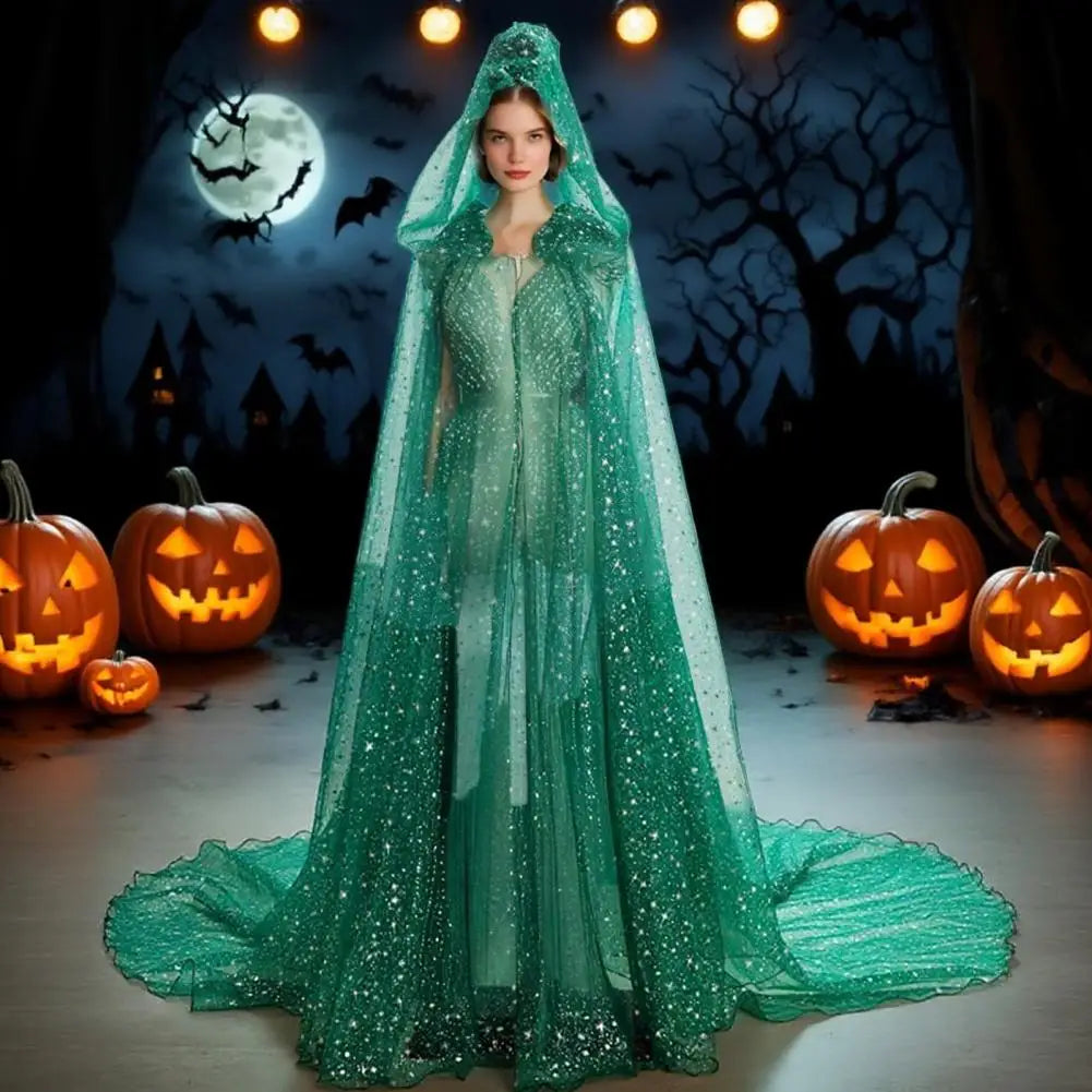 Sheer Hooded Long Train Cape for Layering over Outfits