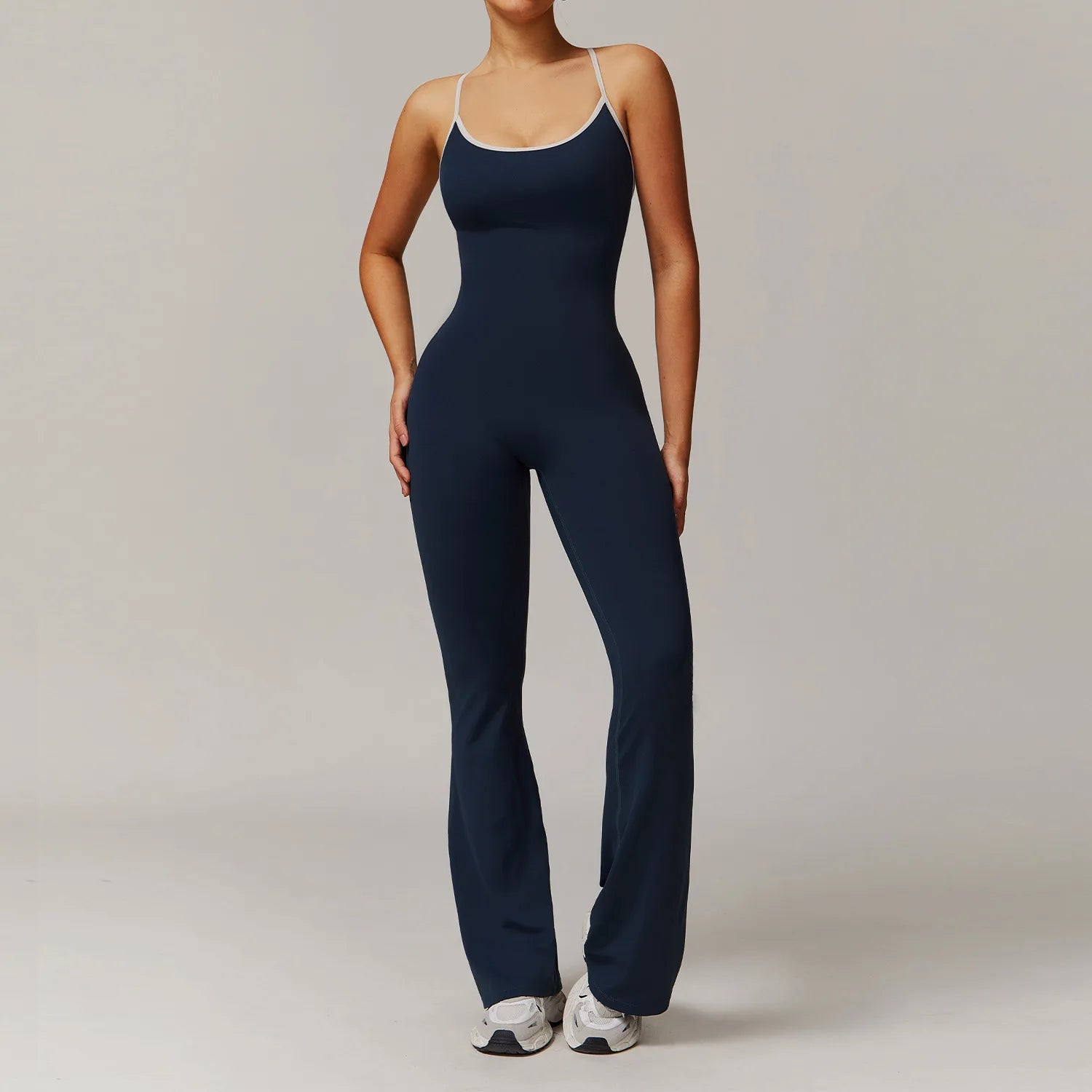 Women's Sleeveless Nylon Blend Flared Workout Jumpsuit with Scoop Neck