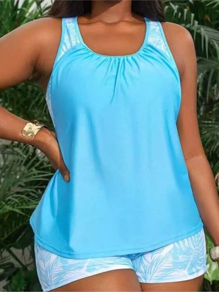 Women's Printed Blouson Tankini Top and Shorts Swim Set