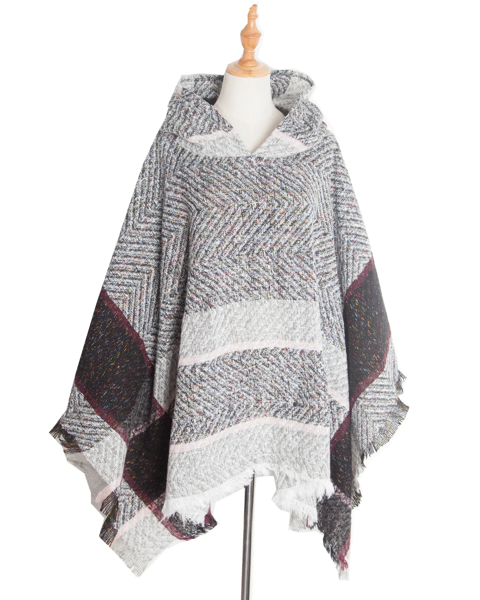 Hooded Herringbone Texture Poncho for Layering over Outfits