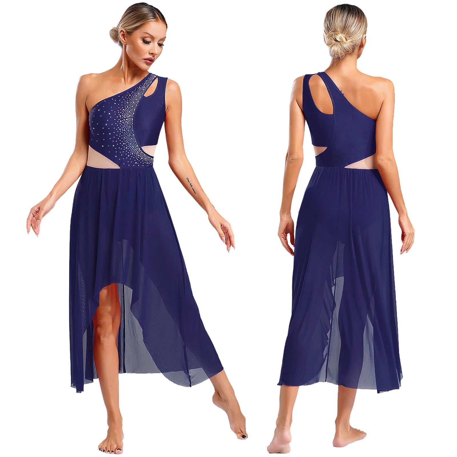 Women's Asymmetric Rhinestone Dance Dress with Split Mesh Skirt Styles