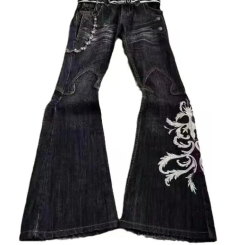 Women's Black Embroidered Wide Leg Denim Jeans For Everyday Outfits
