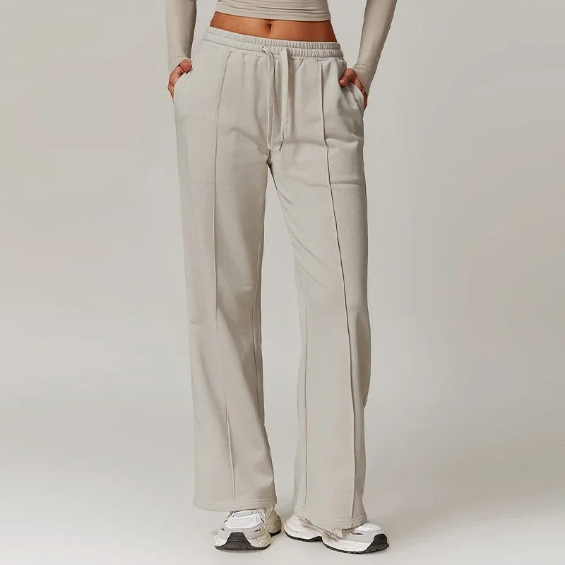 Women's Drawstring Waist Cotton Blend Wide Leg Pants with Side Pockets