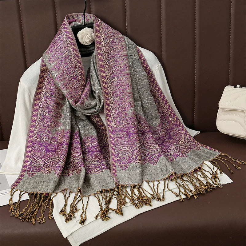 Paisley Floral Print Long Scarf with Fringed Ends
