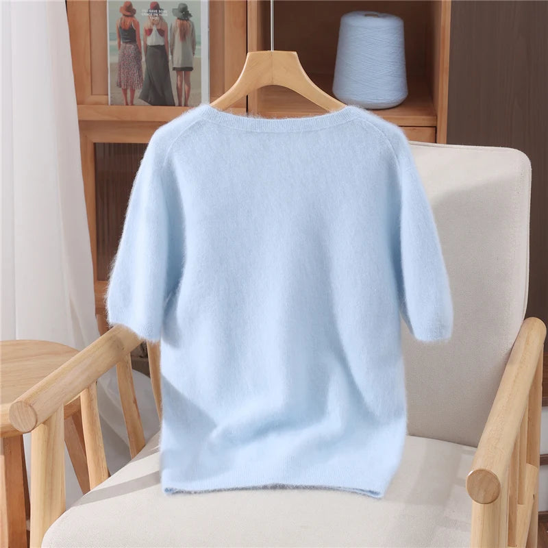 Women's V Neck Short Sleeve Sweater Casual Knit Layer
