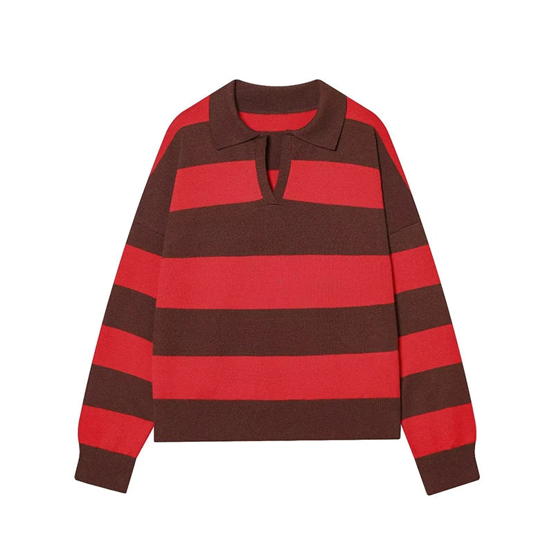 Women's Striped Polo Collar Loose Fit Sweater Casual Knit Layer