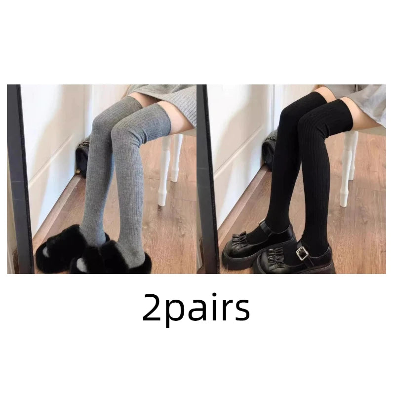 Solid Ribbed Thigh High Socks with Long Footed Shape