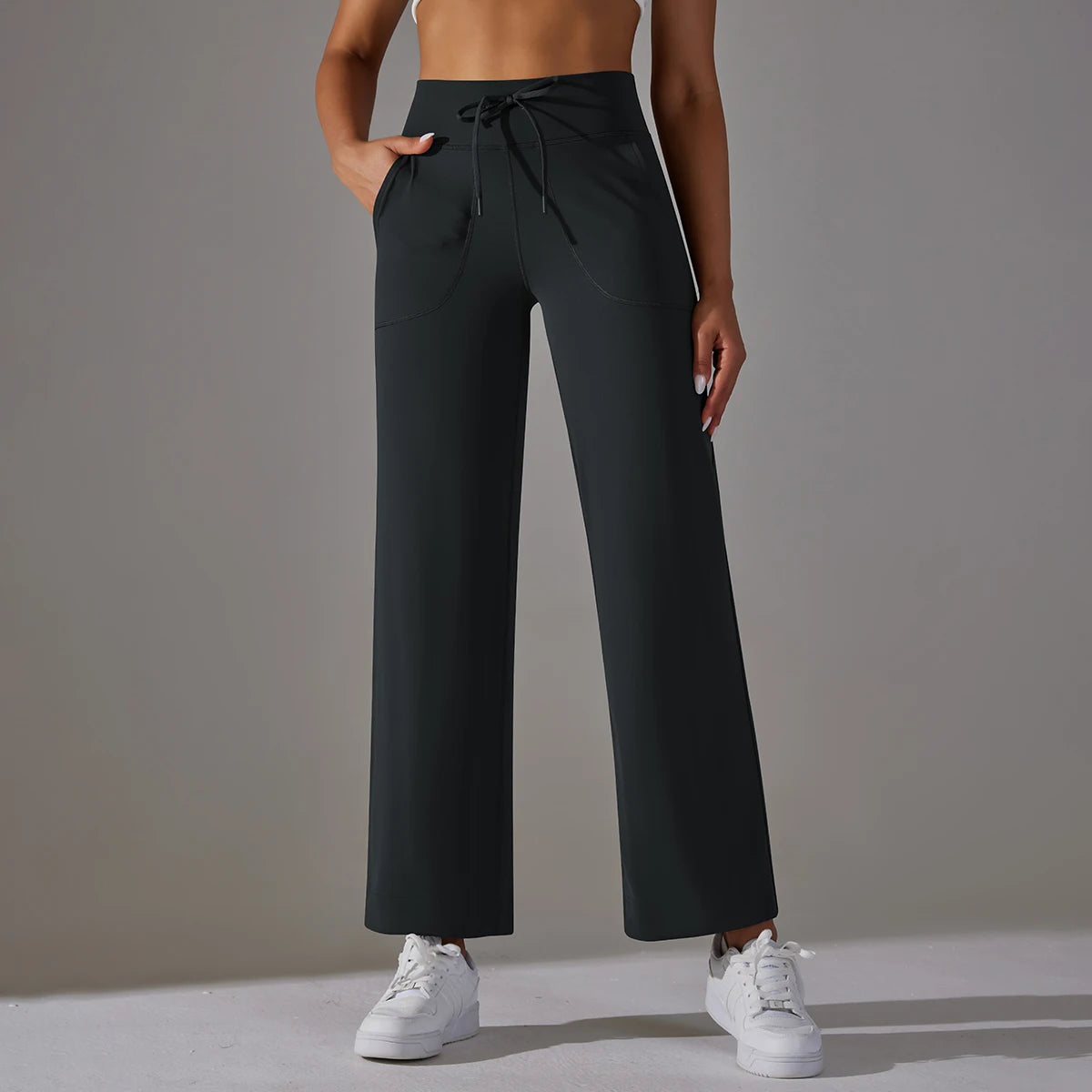 Women's Drawstring Waist Nylon Blend Cropped Wide Leg Pants with Side Pockets