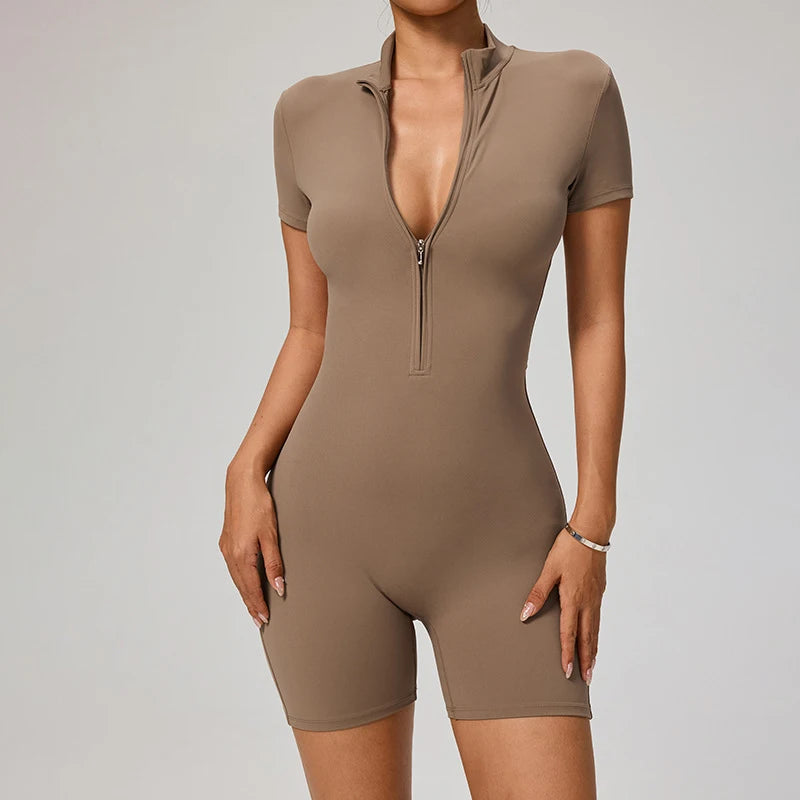 Women's Short Sleeve Nylon Blend Workout Romper with Stand Collar Zip