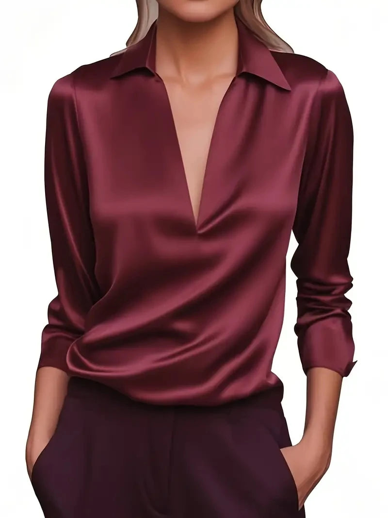 Women's Satin Look Cowl Neck Long Sleeve Blouse