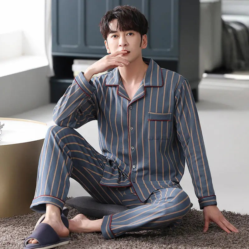 Men's Striped Button Front Long Sleeve Shirt and Pants Pajama Set