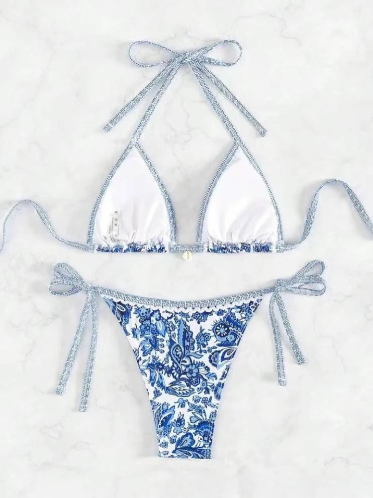 Printed Halter Triangle Bikini