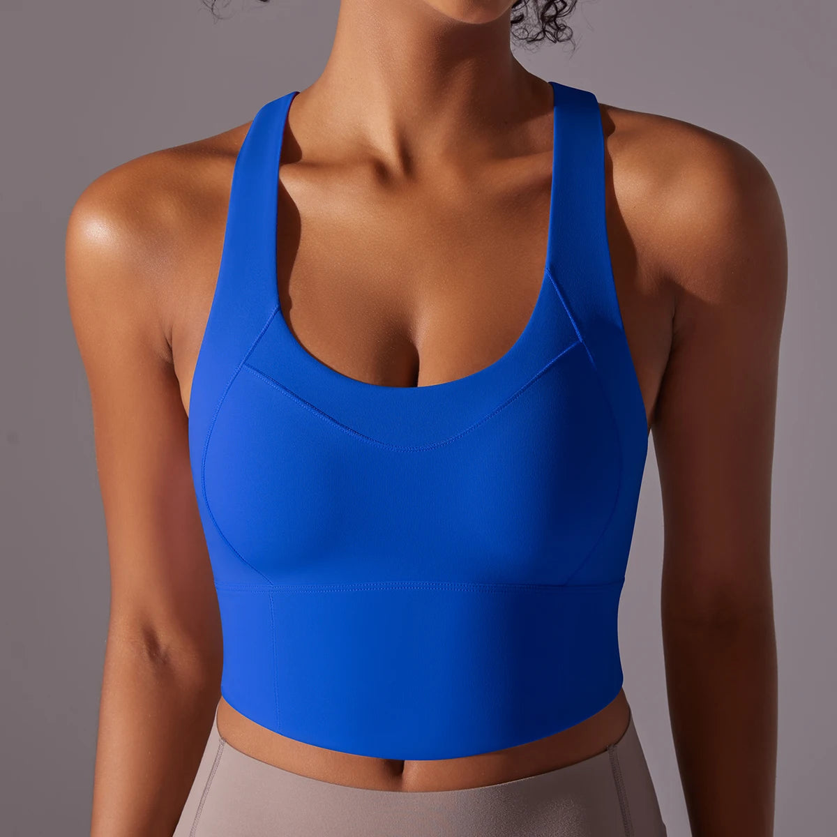Women's Cross Back Nylon Blend Longline Sports Bra with Scoop Neck