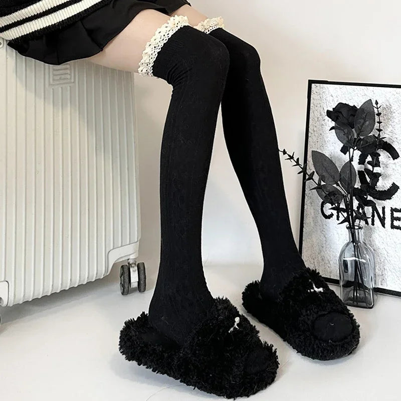 Lace Cuff Thigh High Socks with Solid Knit Body