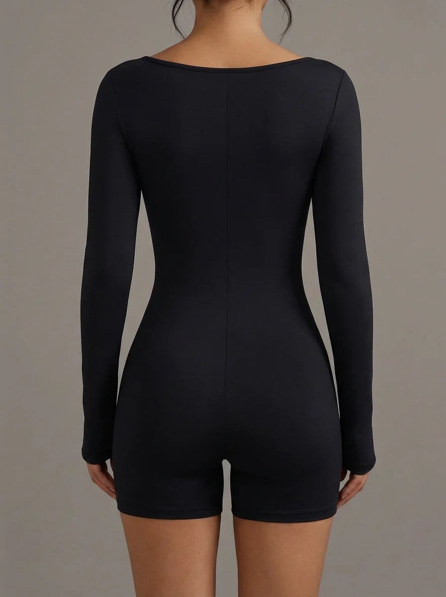 Women's V Neck Polyester Blend Romper with Long Sleeves and Ruching