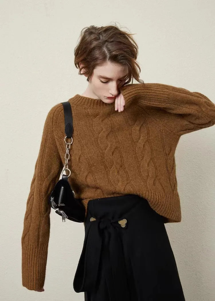 European autumn and winter cashmere sweater women's crewneck twist sweater loose cover to wear pure wool knitted bottom thick