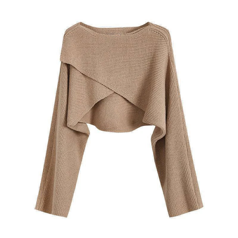 Women's Acrylic Crisscross-Front Cropped Long-Sleeve Knit Pullover Sweater for Autumn Layered Outfits