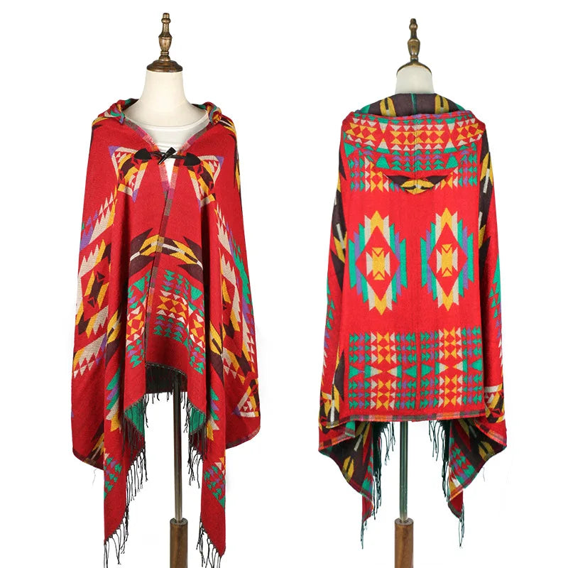 Hooded Geometric Fringe Poncho for Layering over Outfits