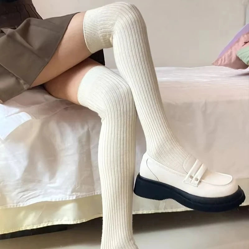 Solid Ribbed Thigh High Socks with Long Footed Shape