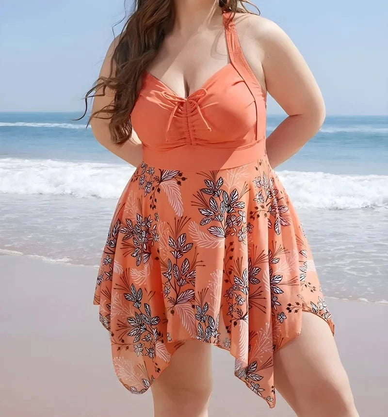 Women's Ruched Bust Printed Handkerchief Hem Skirted Swimdress