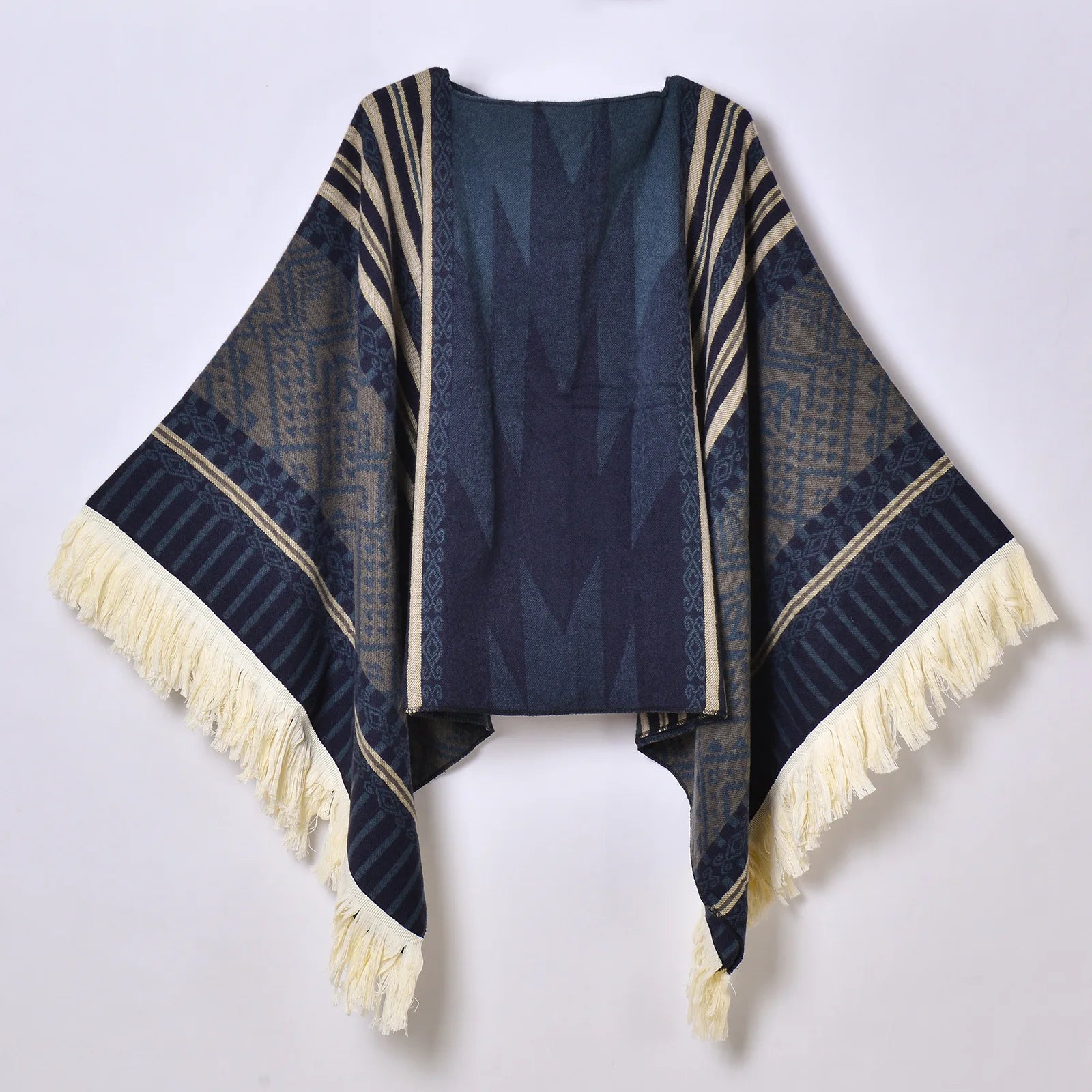 Geometric Pattern Fringe Poncho for Layering over Outfits