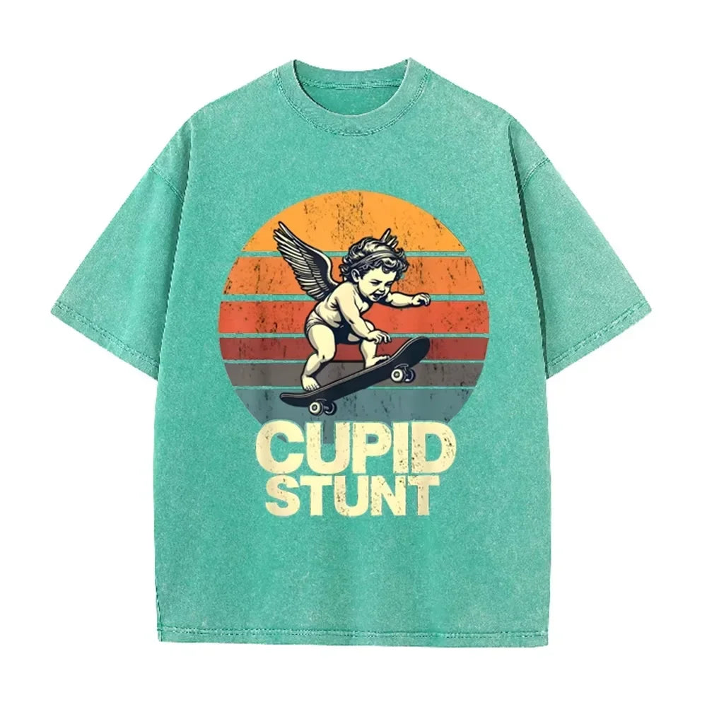 Retro Beige Cupid Stunt Skate Graphic Acid Wash Oversized Tee