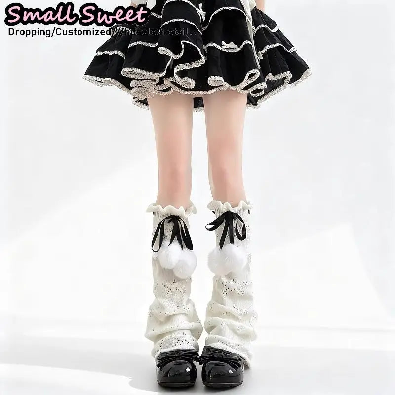 Flared Ruffle Leg Warmers with Bow and Pom Details