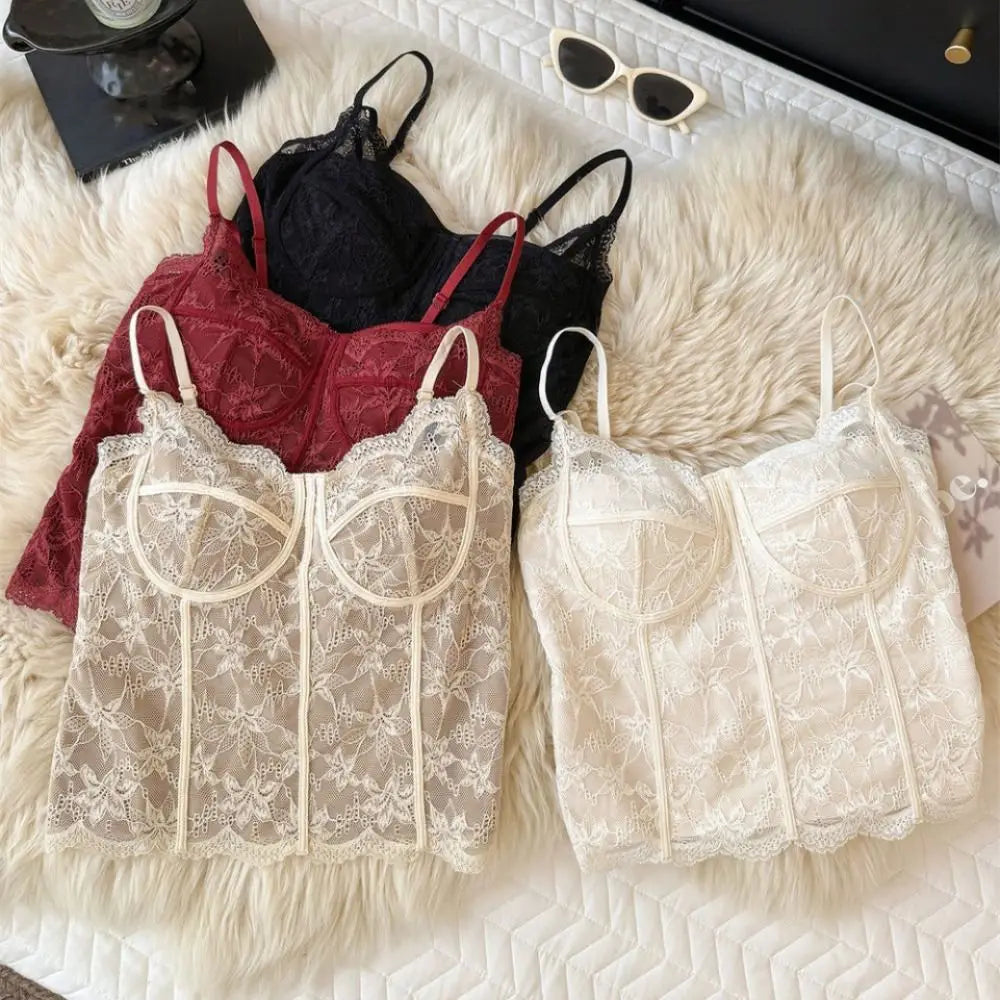 Women's Floral Lace Crop Top with Thin Shoulder Straps and Chest Pads