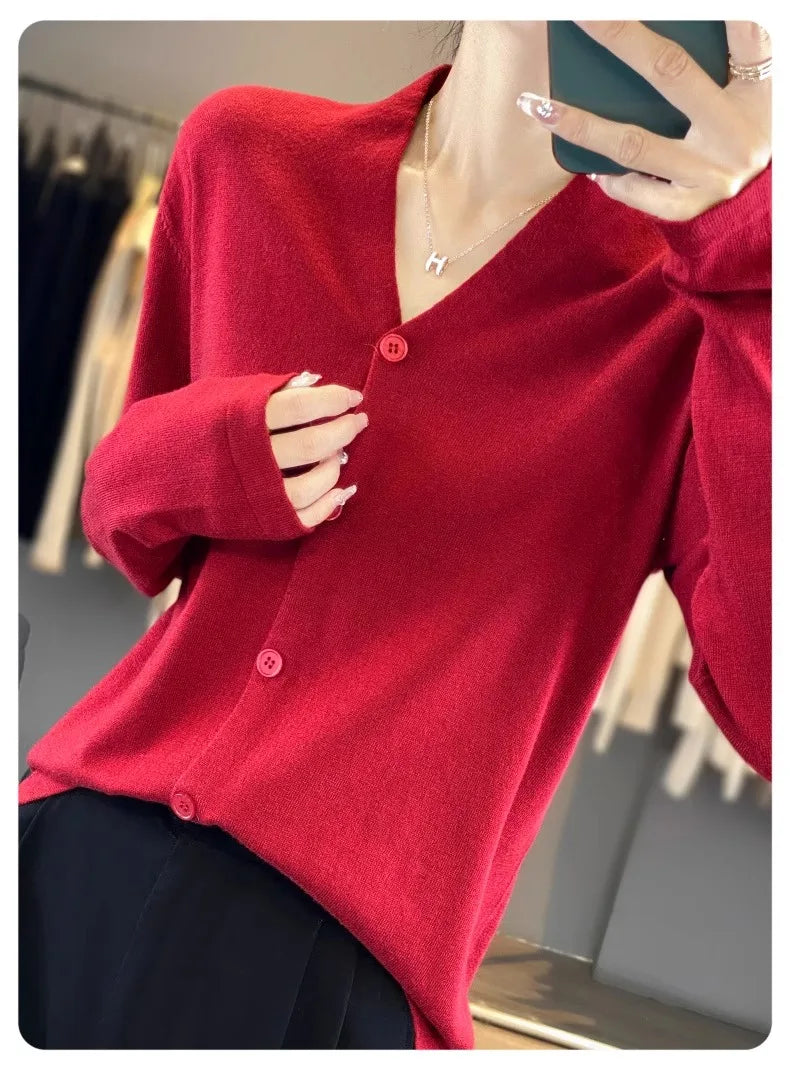 Light luxury retro style! V-neck pure cashmere knit cardigan women's autumn and winter loose wool top bottom sweater coat