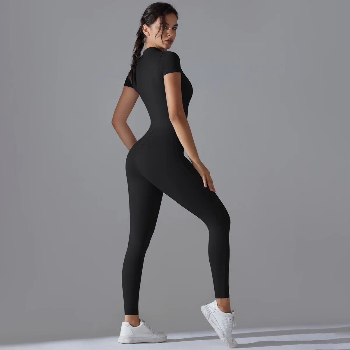 Women's Zip-Front Short-Sleeve Workout Jumpsuit