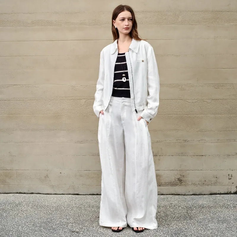 Women's Linen High-Waist Loose Wide-Leg Full-Length Pants with Pockets and Zipper Fly
