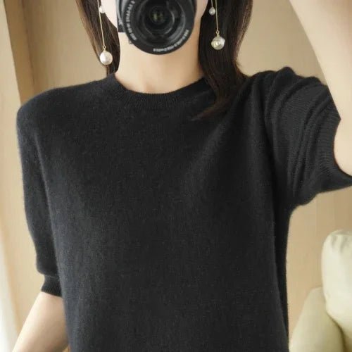 Women's Crew Neck Short Sleeve Sweater Casual Knit Layer