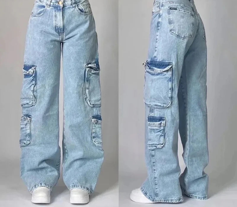 Women's Cargo Wide Leg Pocket Denim Jeans For Everyday Outfits