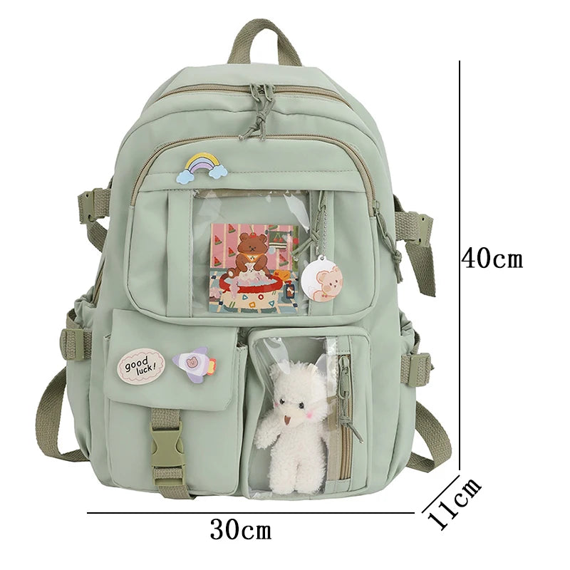 Multi-Pocket Student Backpack with Transparent Display Panels and Side Strap Details