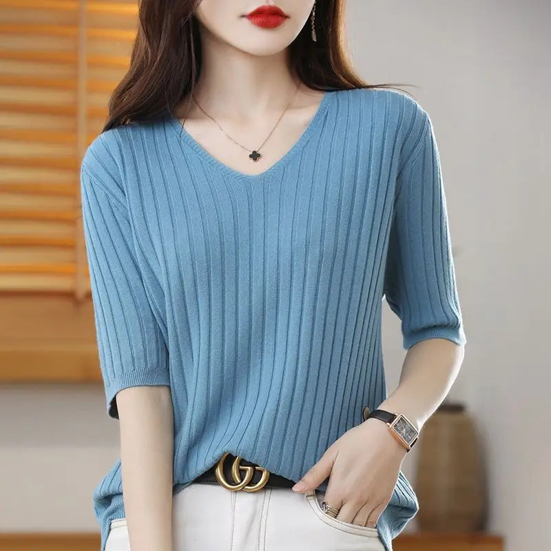 Women's V Neck Short Sleeve Sweater Casual Knit Layer